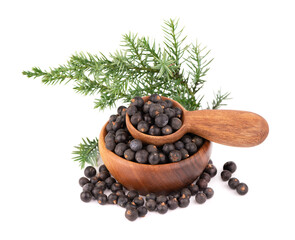 Dry juniper berries with a green branch, isolated on white background. Common Juniper fruits in wooden bowl and spoon.