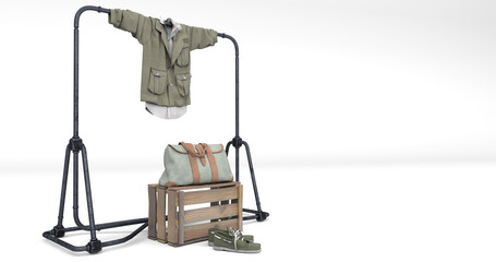 clothes, luggage bag, and shoes