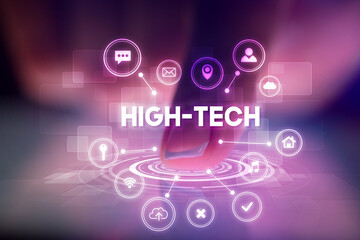 Finger touching tablet with web technology icons and HIGH-TECH inscription, web technology concept