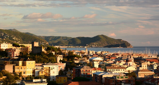 Panorama of Chiavari and, in the background, Sestri Levante promontory. Tigullio gulf. Liguria. Italy