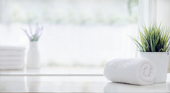 Roll of clean bath towel and houseplant on white table, copy space.