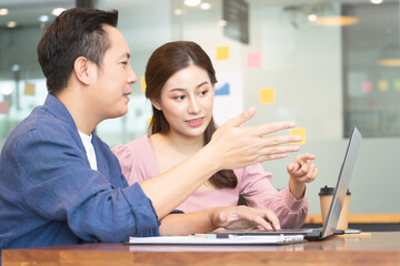 Business man and woman meetting talk about job for branding in office.
