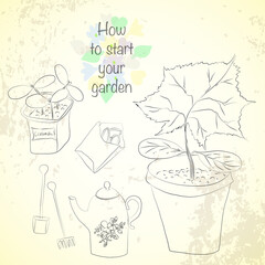 Vector sketch gardening set