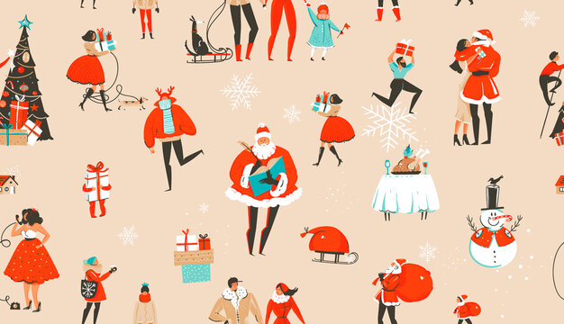 Hand drawn vector abstract fun stock flat Merry Christmas,and Happy New Year time cartoon festive seamless pattern with cute illustrations of festive people and Santa isolated on color background