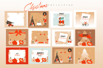 Hand drawn vector abstract fun stock flat Merry Christmas,and Happy New Year time cartoon festive cards bundle set with cute illustrations of Xmas and Santa isolated on color background