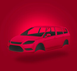 Red middle class estate car body spare parts on a red background
