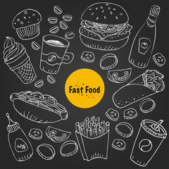 Vector fast food doodle set for menu and food background