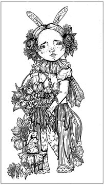Fairytale character, cute little girl with freckles, bunny ears and legs, round face and wings, with flowers barrettes, in dress and beauty collar, with basket of flowers in his hands in full growth.