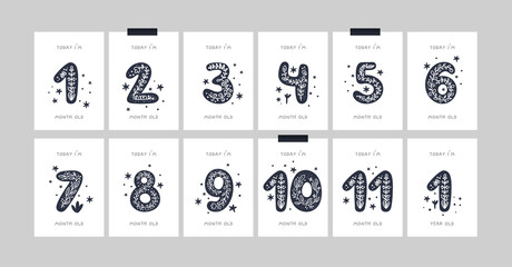 Baby step cards. Baby's First Year Cards. Milestone card with hand drawn numbers for newborn girl or boy. Capture all the special moments of little one’s in their first year