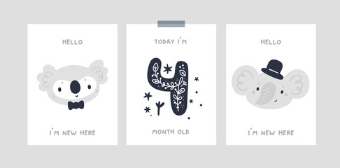 Baby step cards, poetic baby illustration. Milestone card with cute baby animals for newborn girl or boy. Baby shower print capturing all the special moments. Kids month anniversary card