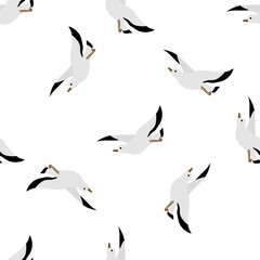 Obraz premium Beautiful seamless pattern with seagulls on a white background. Sea birds in a flat style. Stock vector illustration for decor and design, textiles, wallpaper, wrapping paper