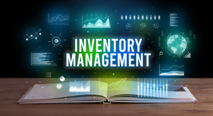INVENTORY MANAGEMENT inscription coming out from an open book, creative business concept