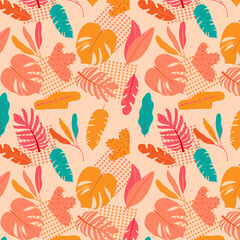 Tropical leaves seamless pattern, Surface pattern with beautiful tropical leaves, Colorful seamless pattern background