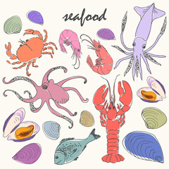 Vector doodle seafood set.
