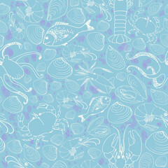 Vector doodle seafood seamless pattern on blue background.