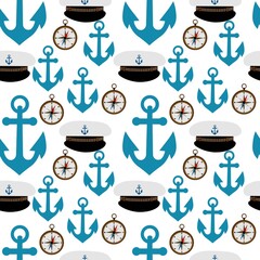 Cute seamless pattern with compass, anchor and peaked cap on a white background. Marine items in a flat style.
Stock vector illustration for decor and design, textiles,
wallpaper, wrapping paper