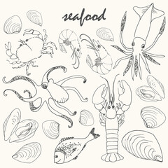Vector doodle seafood set.