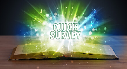 QUICK SURVEY inscription coming out from an open book, educational concept