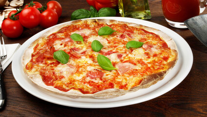 Italian Pizza with Ham - Fast Food Panorama  on wooden Background