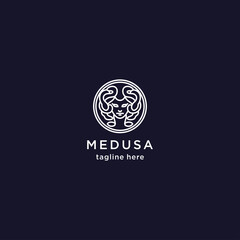 black and white head medusa circle logo
