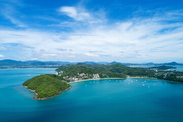 landscape nature scenery view of Beautiful tropical sea with Sea coast view in summer season image by Aerial view drone shot, high angle view.