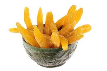 Fototapeta na wymiar dried sweet potatoes in a vintage jade bowl isolated on white background
