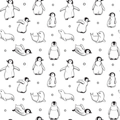Pattern with the image of snow and penguins.