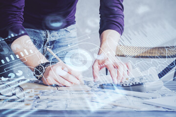 Close up of human hands and abstract innovative technologies for industries. Double exposure.
