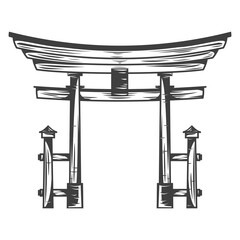 Vintage monochrome japan torii gate isolated on white background. Hand drawn design element template for emblem, print, cover, poster. Vector illustration. - obrazy, fototapety, plakaty