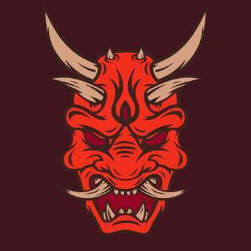 Vintage color japanese demon mask isolated on red background. Hand drawn design element template for emblem, print, cover, poster. Vector illustration.