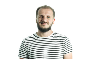 Obraz premium Smiling bearded man in a striped T-shirt. 30-35 years old. Isolated on white.