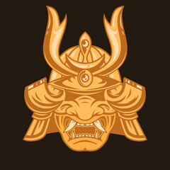 Fototapeta premium Vintage color japanese samurai mask with helmet isolated on simple background. Hand drawn design element template for emblem, print, cover, poster. Vector illustration.