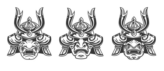 Set of vintage monochrome japanese samurai mask with helmet isolated on white background. Hand drawn design element template for emblem, print, cover, poster. Vector illustration.