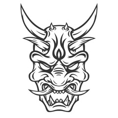 Vintage monochrome japanese demon mask isolated on white background. Hand drawn design element template for emblem, print, cover, poster. Vector illustration.
