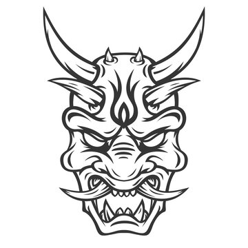 Vintage monochrome japanese demon mask isolated on white background. Hand drawn design element template for emblem, print, cover, poster. Vector illustration.
