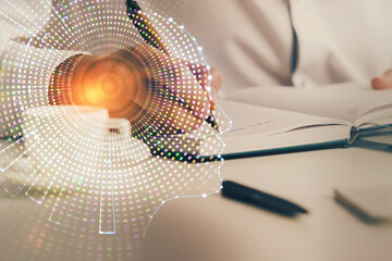 Brain multi exposure icon with man hands background.