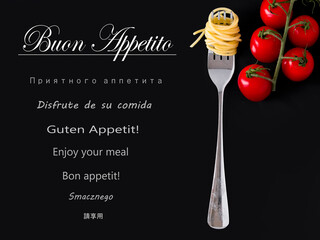 A fork with noodles and fresh tomatoes and the added words enjoy your meal in different languages - obrazy, fototapety, plakaty
