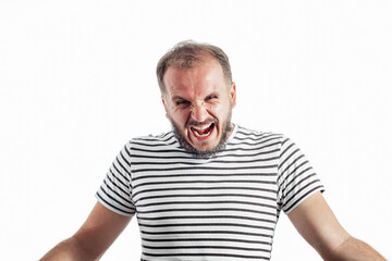 Obraz premium Angry screaming bearded adult rage man in a striped T-shirt. 30-35 years old. Isolated on white.