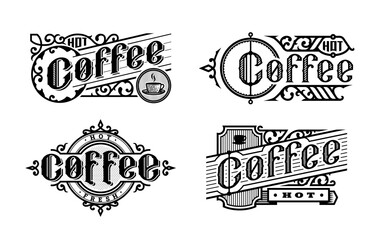 Hot coffee, vintage style. Set logo, emblem. Vector illustration.