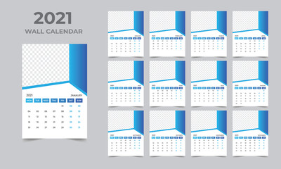 Wall calendar design 2021 template Set of 12 Months, Week starts Monday, Stationery design, calendar planner
