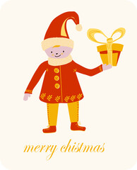 Vector Christmas gnome with a gift. A cute smiling gnome in a Santa hat and a red jacket with buttons and a gift in his hands. For the design of your cards, invitations and children's posters.