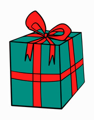 Christmas gift present color doodle. New year element hand drawn vector. Comic green box with red ribbon. Winter attribute for wrapping paper, cards, fabric.
