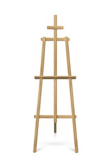 Easel standing on white background. Wooden tripod for art, painting, drawing or announcement vector illustration. Artistic studio equipment single object design, front view