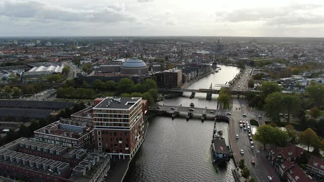 4k cinematic aerial video of Haarlem and the Spaarne river with bridges 