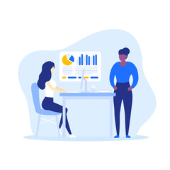 business analyst, woman working with financial data, vector art