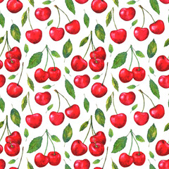 Seamless watercolor pattern with cherries and leaves