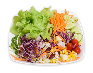 Vegetable salad in white plate on white background.