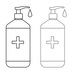 Obraz premium Vector black liner hand sanitizer icon. Line drawing simple illustration isolated on white background. Antiseptic.