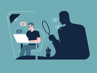 Internet stalking illustration concept. Person sitting on a computer in his office while a stalker is watching him from the shadow without being noticed. Vector. - obrazy, fototapety, plakaty