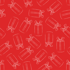 Vector seamless pattern with different gift boxes. Hand drawn elements. Background with holiday design. Freehand style. Doodle. Wallpaper, wrapping, card, print on clothes.